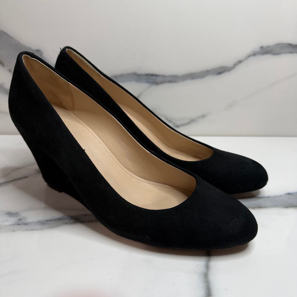 Via Spiga Black Suede Wedge Pumps Sz 8.5 Minimalist Classic Capsule Wardrobe